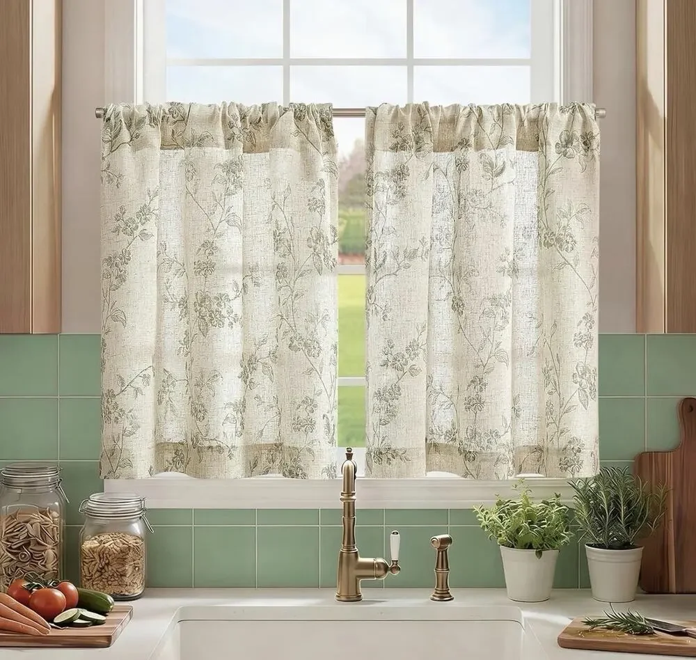 Floral Kitchen Curtains 30 Inch Linen Tier Curtains Farmhouse Cafe Green 2 Panel